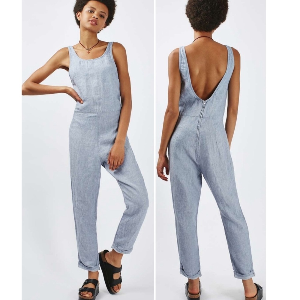 Topshop Moto Blue Linen Jumpsuit Size 4